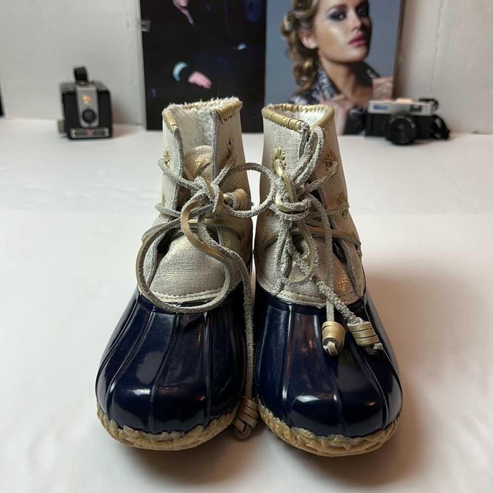 Jack Rodgers Chloe Rain/ snow boots with a whipstitch blue and gold .